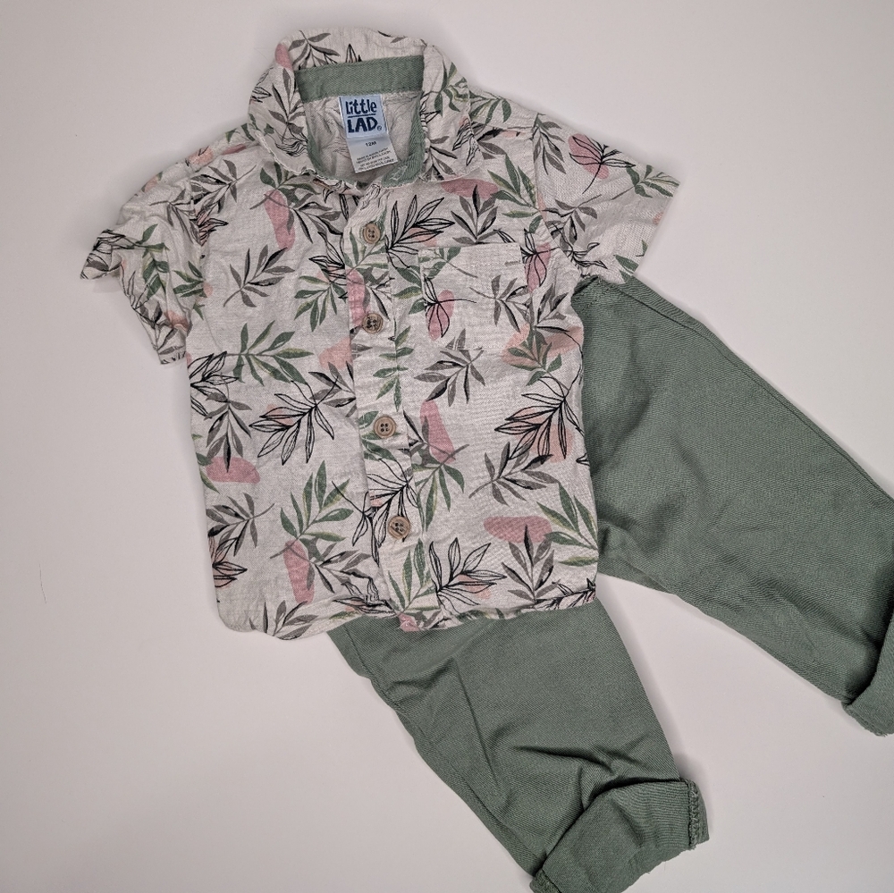 Little‎ Lad 12M Tropical Button-Up Shirt & Sage Green Pants Outfit Set